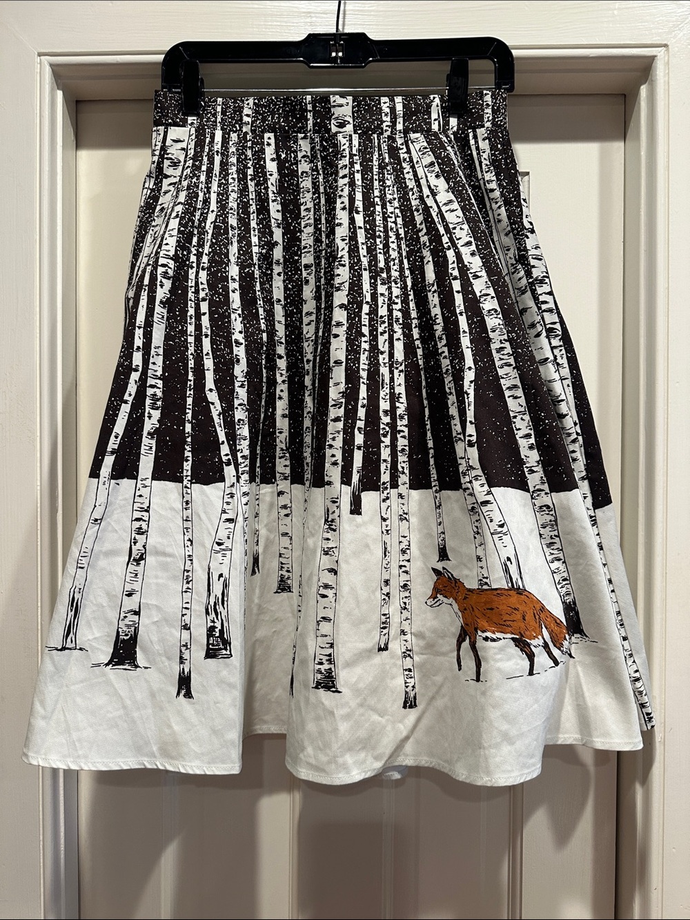 Corey Lynn Calter White and Black Birch Forest Print Skirt with Fox Accent